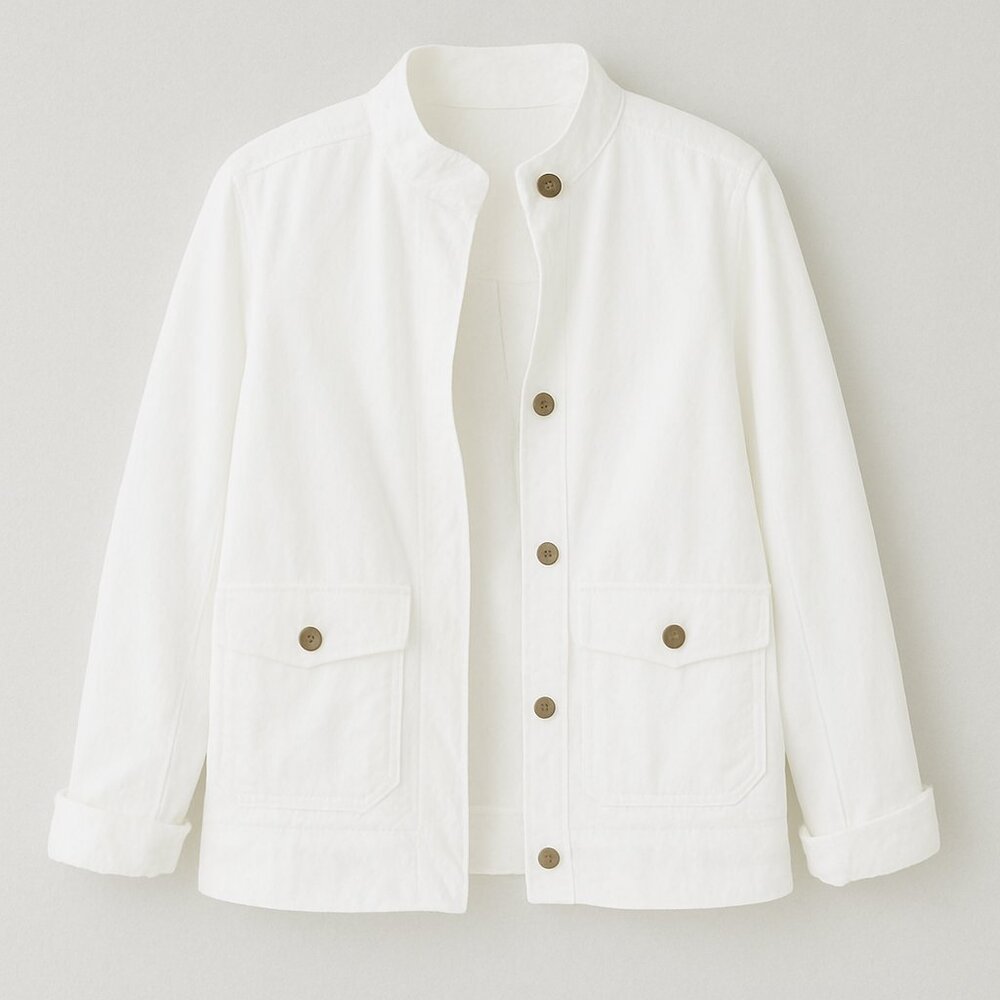 LOFT White Cargo Utility Jacket M Mandarin Collar Cotton Button Front